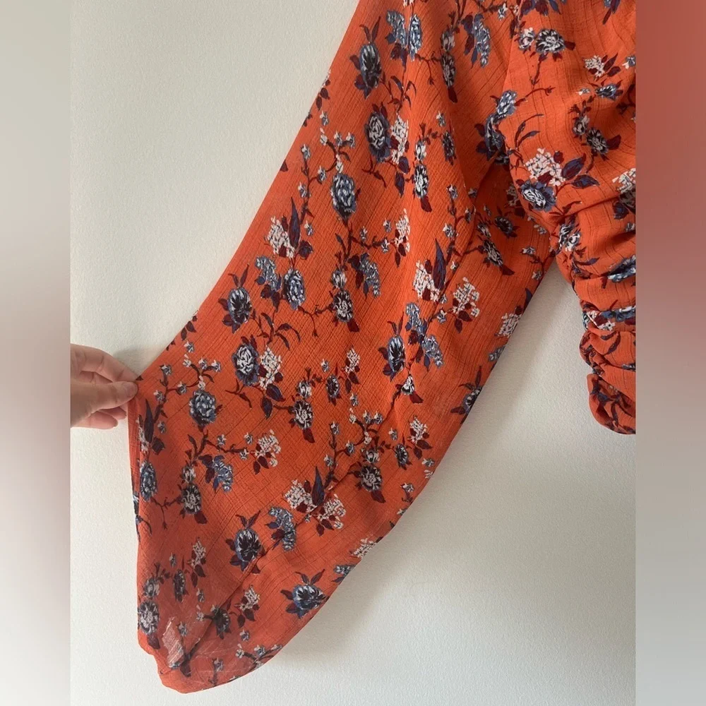 Free People Final Rose Rust Floral Ruched V-Neck Blouse XS